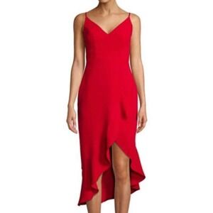 Xscape Red V Neck Strappy Ruffle Fit &‎ Flare Asymmetrical Cocktail Midi Dress